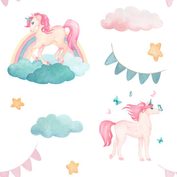 Watercolor seamless pattern with illustration of a cute unicorns on clouds with rainbow, stars, flags in pink and turquoise colors. Fairy-tale cartoon character