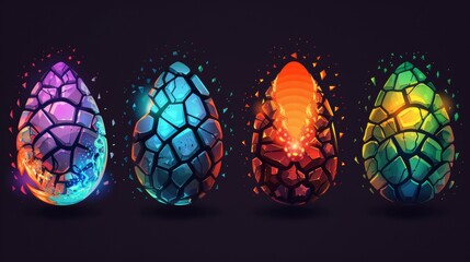 Magic colorful textured, pimpled, fire and power energy shells gui graphics. Dragon eggs with glowing sparkles and mysterious haze. - obrazy, fototapety, plakaty