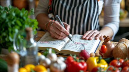 Close-up of hands writing a recipe in a notebook surrounded by fresh vegetables and kitchen utensils.