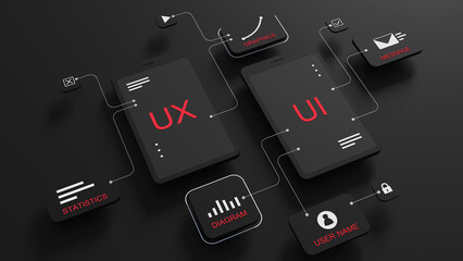 UX user interface flowchart, connection mode graphic designer, application process development, data prototype, website framework, mobile icon phone. The concept of user interaction. 3d rendering. - 782912782