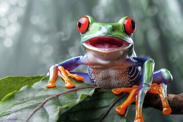 Frog peeking out, greenish background. Beautiful simple AI generated image in 4K, unique. - obrazy, fototapety, plakaty
