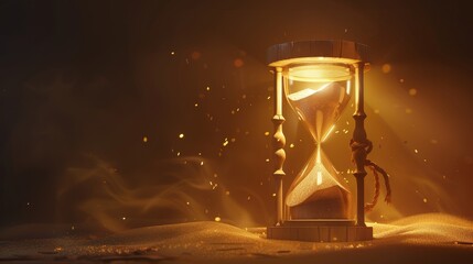 Timer with transparent glass and gold particles, sand hourglass, vintage clock, timer with transparent glass, loading concept with sand clock and copy space, illustration with 3d rendering. - obrazy, fototapety, plakaty
