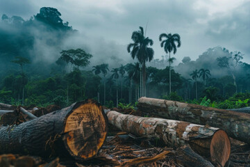 A forest with trees chopped down due to illegal logging activity - obrazy, fototapety, plakaty