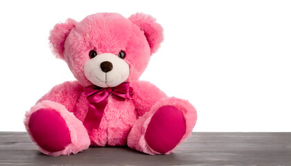 Seated pink teddy bear on white background. Soft cure fluffy plush toy. Stuffed animal.