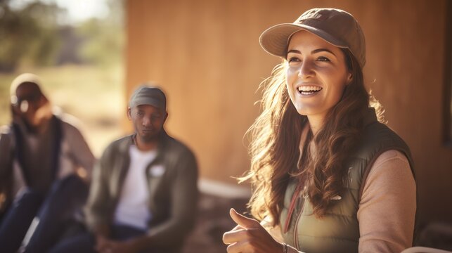 Woman volunteer coordinator speaks to the group, doing volunteer activities for society