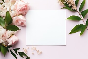 Blank white card surrounded by pink and white flowers and green leaves, ready for a message. White Blank Card with Floral Decoration
