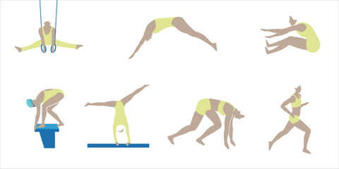 Vibrant illustrations depict various Olympic and fitness activities, showing athletes performing different sports.