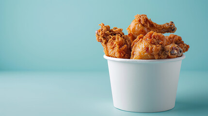 White bucket of broasted chicken . Isolated on pastel blue background