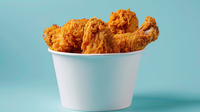 White bucket of broasted chicken . Isolated on pastel blue background