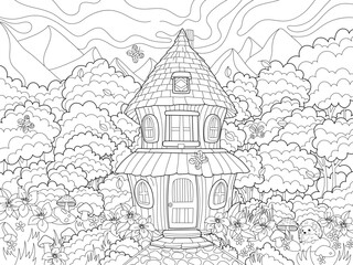 Forest house.Scenery.Coloring book antistress for children and adults. Illustration isolated on white background.Zen-tangle style. Hand draw