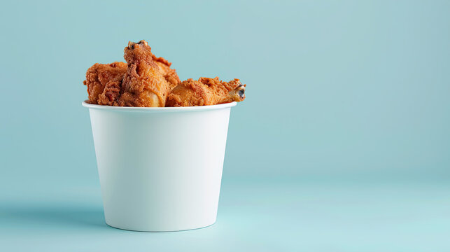 White bucket of broasted chicken . Isolated on pastel blue background