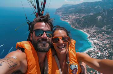 A happy couple took a selfie while paragliding over the French Riviera, wearing orange life jackets and sunglasses.  - Powered by Adobe