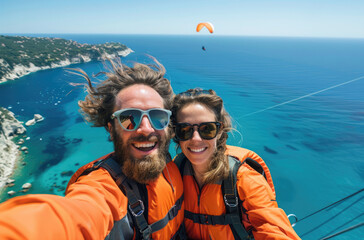 A happy couple took a selfie while paragliding over the French Riviera, wearing orange life jackets and sunglasses.  - Powered by Adobe