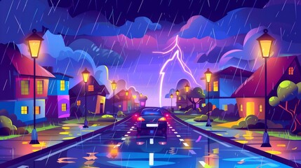 The illustration shows a city landscape at night with houses, cars, street lights and trees in a rainstorm with lightning. The illustration shows an old town with buildings and crossroads. - obrazy, fototapety, plakaty