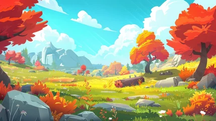 Gardinen An autumn landscape of mountain valleys with orange-leafed trees in the valleys. Fields, stones, bushes with flowers, logs, rocks, and logs on horizon. Modern cartoon illustration. © Mark