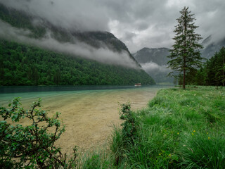 A view to the Berchtesgaden Königssee lake which have crystal clear drink water quality embedded...