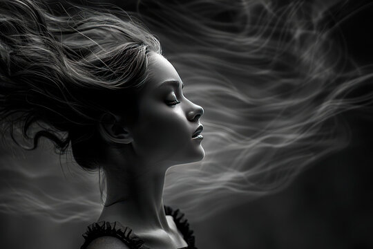 artistic black and white image profile of a young woman with flying hair close-up on a black background symbolizing mental and psychological state, health and freedom.