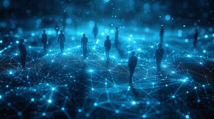 Dark blue with connected network with miniatures of people