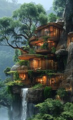 AI creates images, modern wooden houses Resort style, build a house near a waterfall or river, canal