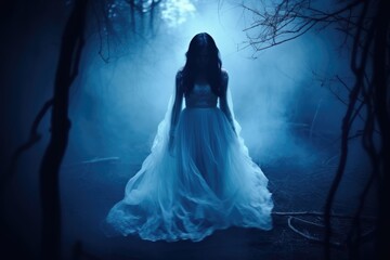 Silhouette of a woman in a blue dress in a foggy, eerie forest setting, invoking a mystical atmosphere. Mysterious Woman in Forest with Mist - obrazy, fototapety, plakaty