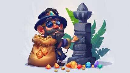 The stupid tomb robber in black, trapped with an antique treasure sack, bumps his head against a stone column, squatting on the earth with the gold and gemstones. Modern illustration of a criminal - obrazy, fototapety, plakaty