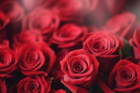 A close-up stock image capturing the stunning and detailed beauty of vibrant red roses in full bloom. Close-Up of Vibrant Red Roses