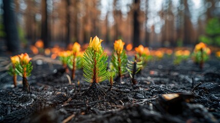 Obraz premium A fire-adapted ecosystem begins its recovery, new life sprouting from ashes, a cycle of resilience