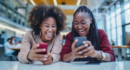 Beautiful multiethnic businesswomen sitting at a table in an office and laughing while looking at mobile phones.
