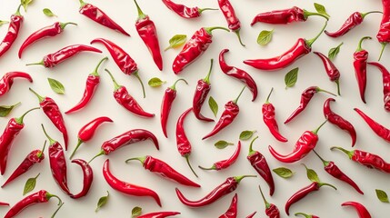 Fresh red chili peppers and green leaves pattern