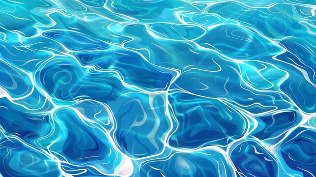 Modern illustration of the surface of water with ripples at the top of the image. Abstract background with light refraction overlay on pure ocean, sea or pool water.