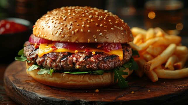 Close up of delicious bugger on chopping board for commercial advertisement