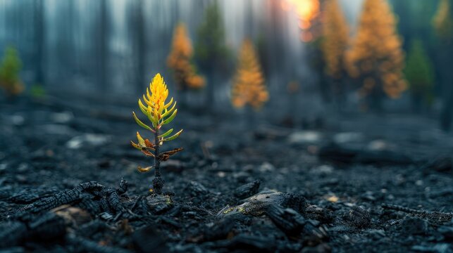A fire-adapted ecosystem begins its recovery, new life sprouting from ashes, a cycle of resilience