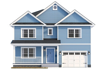 3d rendering of simple two story house with blue walls and white roof