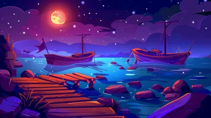 Foto op Canvas A summer night landscape with wooden boats and fishery ships at the pier in a lake, river or sea harbor. Dark sky with stars, rocks in the water and a dock with a boardwalk. © Mark