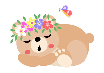Teddy bear sleeping with wreath floral on head - 782915595