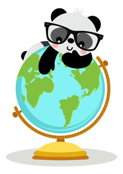 Cute panda on the world globe