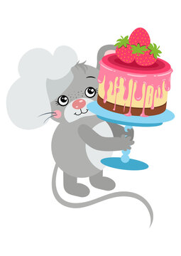 Cook mouse holding a strawberry cake