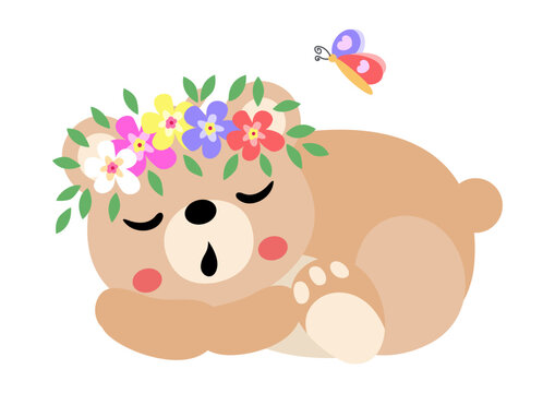 Teddy bear sleeping with wreath floral on head