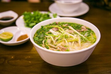 Closeup view of a bowl of hot noodle soup