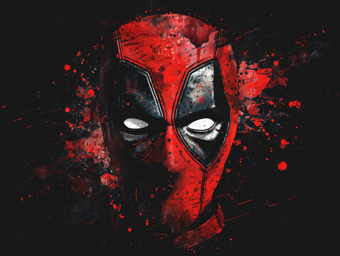 Artistic rendition of a red and black masked figure with a splatter effect, ai generated