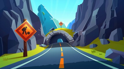 An empty speed highway running through a forest in a perspective view. Cartoon road going through a mountain tunnel.