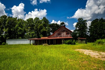 Barn in a lush green field