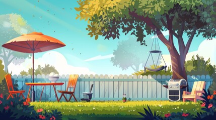House patio with fence, furniture for picnic with barbecue, green grass and tree, modern cartoon illustration of summer landscape with table, umbrella, grill and swing.