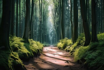 a forest with the road going through it