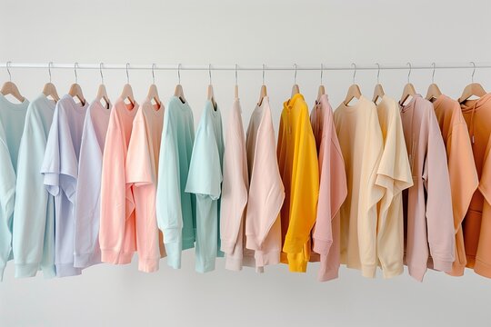 A rack with casual t-shirts hanging on wooden hangers, arranged in an organized and stylish manner against a white background. The shirts come in various colors including pastel