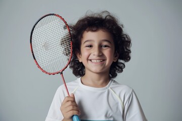 young boy player holding a badminton racket on grey background, smiling and ready to play game. Fictional Character Created by Generative AI.