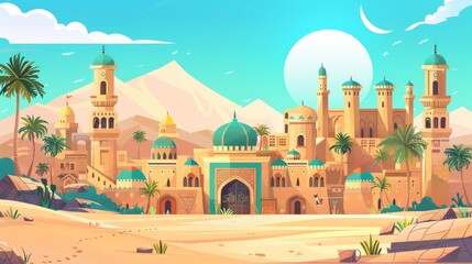 Modern cartoon illustration of a sandy area with traditional yellow houses, antique castle, islamic mosque buildings, palm trees with ancient arab city in desert.