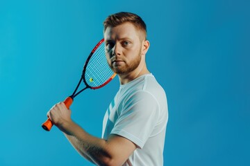 young man player holding a tennis racket, ready for action on blue background. Fictional Character Created by Generative AI. - obrazy, fototapety, plakaty