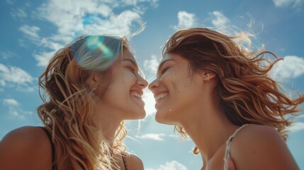 Naklejka premium Smiling tender and cute lesbians are going to kiss against the sky. copy space. funny joyful girls hugging, female friendship