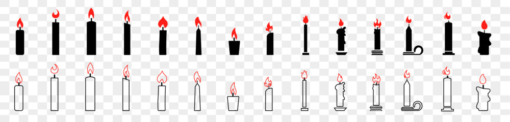 Set silhouettes of candles for religion and party celebration on transparent background